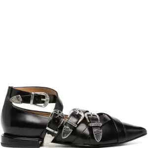 Point toe buckle strap leather shoes