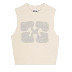 (W) Ganni White Graphic Wool Mix Vest Egret