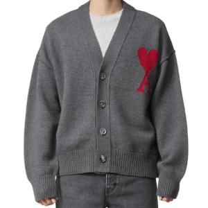 Big Heart Intarsia Logo Wool Cardigan - Heather Grey 