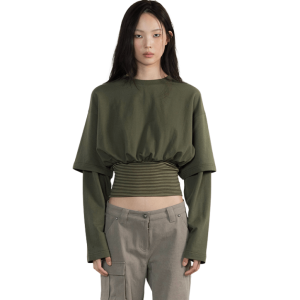 WET TAG Double Sleeve Banding Top Khaki