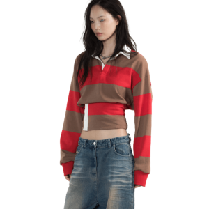 WET TAG 2way Stripe Rugby T-Shirt Red/Brown