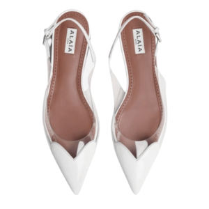 (W) Alaia Le Cœur Slingback Flats in Patent Calfskin White