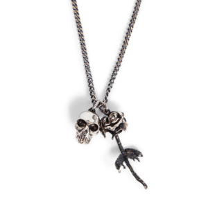 Antique Silver Skull & Dipped Rose Necklace