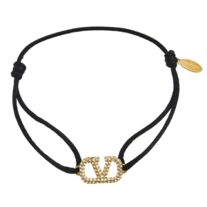 Valentino Vlogo Signature Bracelet in Cotton and Swarovski Crystals Black