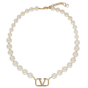 (W) Valentino Vlogo Signature Metal Necklace with Swarovski Pearls Gold