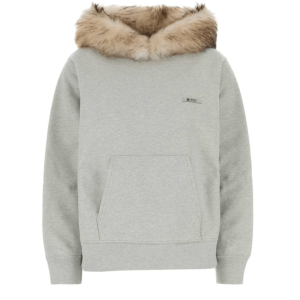 Prada light grey cotton hooded sweatshirt with faux fur trim