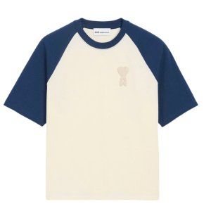 AMI White and Blue Cotton Ami De Coeur Knitted Patch T-Shirt White Cream Ink
