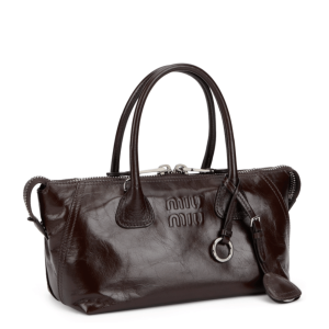 Leather handbag with embossed lettering logo