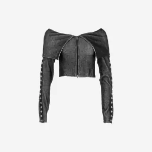 KYO Women Off The Shoulder Hook 2way Zip-Up Black