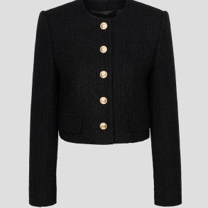 Tweed Round Neck Gold Button Cropped Jacket - Black