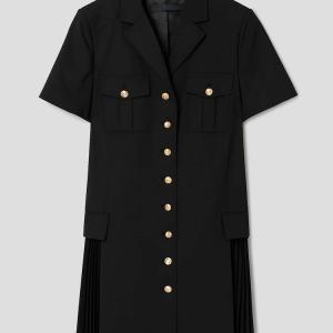 Wool Blended Low Rise Gold Button Shirt Dress - Black