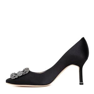 (W) Manolo Blahnik Hangisi 70 Black Satin Jewel Buckle Pumps